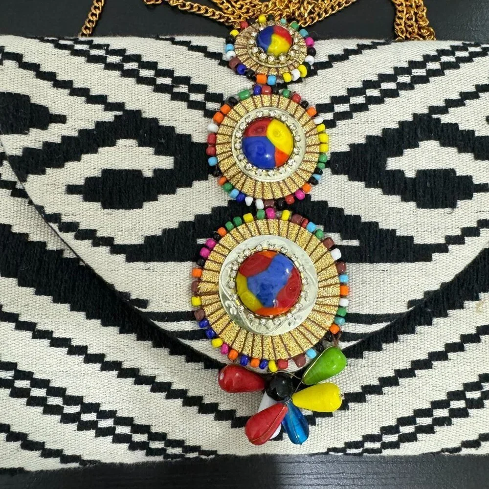 Tribal Patterned Clutch Purse With Colorful Beaded Embellishment & Gold Chain St